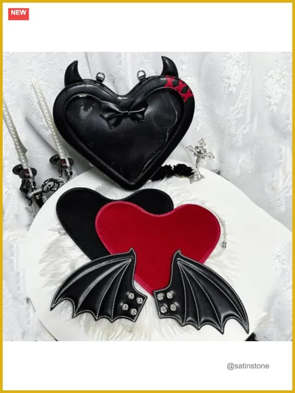 Gothic Heart Bat Wing Backpack Convertible Shoulder Bag Clear Window Display